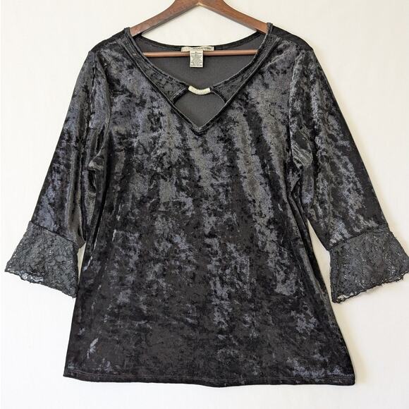 Belah & Codey Vamp Goth Black Velvet Keyhole Neck Metal Rhinestone XL‎ Top Y2K - Picture 1 of 10